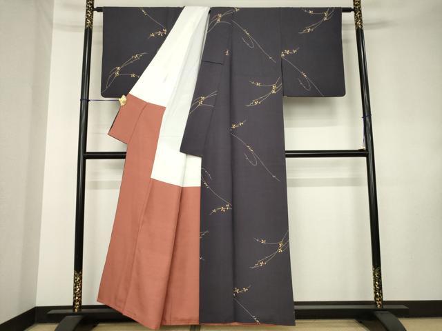 平和屋着物●上質な小紋　紬地　草花文　正絹　逸品　AABK8557ck