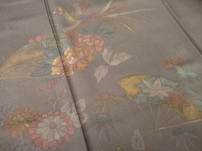 平和屋着物●訪問着　刺繍　鳳凰扇面花文　暈し染め　正絹　逸品　AABK8559ck