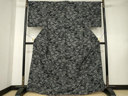 平和屋着物●小紋　流水花文　黒地　洗える着物　AABK8560ck