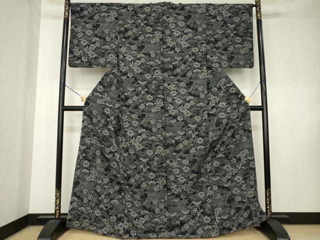 平和屋着物●小紋　流水花文　黒地　洗える着物　AABK8560ck