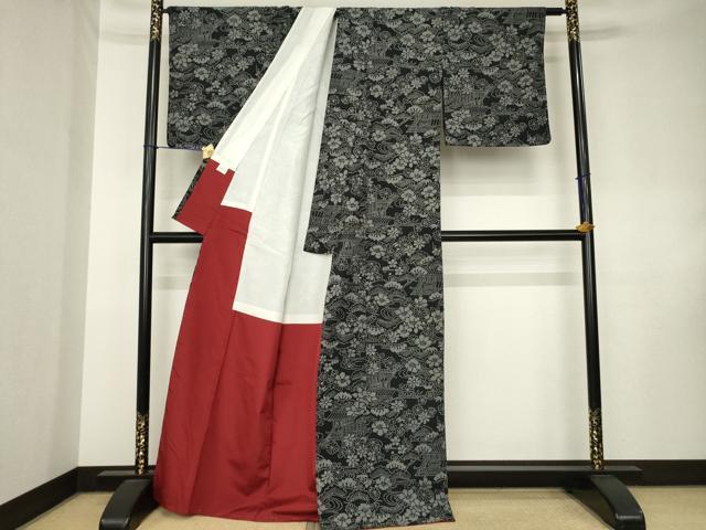 平和屋着物●小紋　流水花文　黒地　洗える着物　AABK8560ck