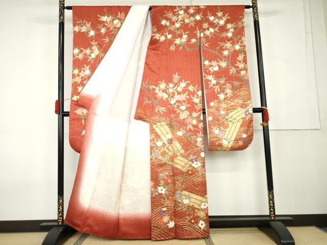 平和屋着物●十日町老舗ブランド　吉澤友禅　吾妻徳穂　振袖　駒刺繍　花筏文　橘　金彩　正絹　逸品　AABK8566cs