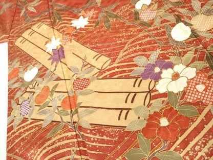 平和屋着物●十日町老舗ブランド　吉澤友禅　吾妻徳穂　振袖　駒刺繍　花筏文　橘　金彩　正絹　逸品　AABK8566cs