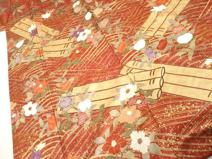 平和屋着物●十日町老舗ブランド　吉澤友禅　吾妻徳穂　振袖　駒刺繍　花筏文　橘　金彩　正絹　逸品　AABK8566cs