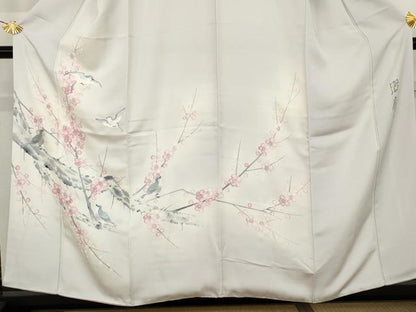 平和屋着物●訪問着　作家物　手描き　刺繍　枝梅に休み鳥　暈し染め　正絹　逸品　AABK8572cs