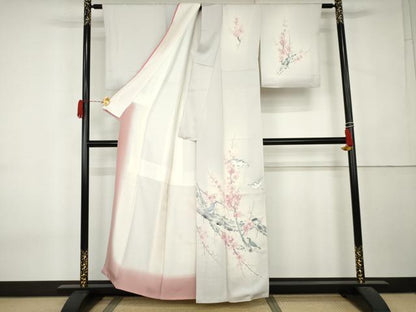 平和屋着物●訪問着　作家物　手描き　刺繍　枝梅に休み鳥　暈し染め　正絹　逸品　AABK8572cs