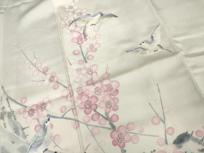 平和屋着物●訪問着　作家物　手描き　刺繍　枝梅に休み鳥　暈し染め　正絹　逸品　AABK8572cs