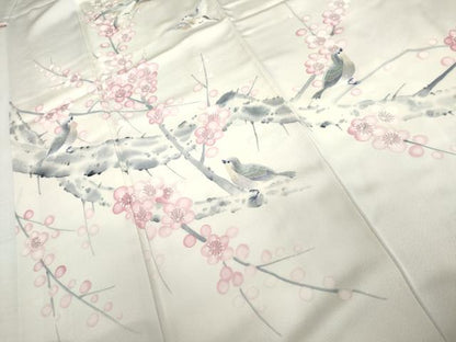 平和屋着物●訪問着　作家物　手描き　刺繍　枝梅に休み鳥　暈し染め　正絹　逸品　AABK8572cs