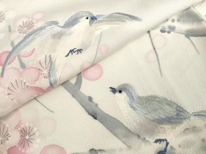平和屋着物●訪問着　作家物　手描き　刺繍　枝梅に休み鳥　暈し染め　正絹　逸品　AABK8572cs