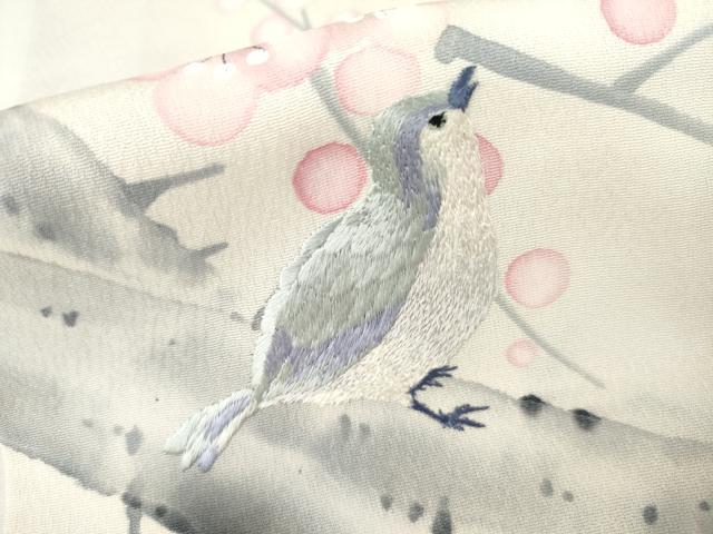 平和屋着物●訪問着　作家物　手描き　刺繍　枝梅に休み鳥　暈し染め　正絹　逸品　AABK8572cs