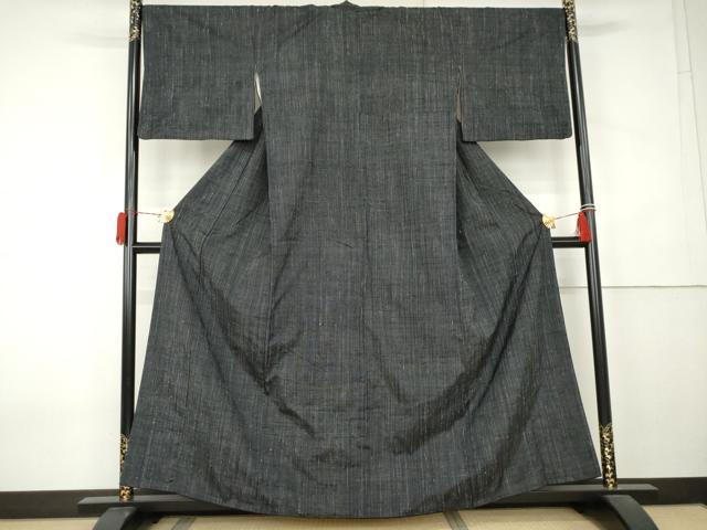 平和屋着物●上質な紬　縞　黒地　正絹　逸品　AABK8574cs