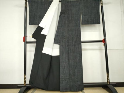 平和屋着物●上質な紬　縞　黒地　正絹　逸品　AABK8574cs