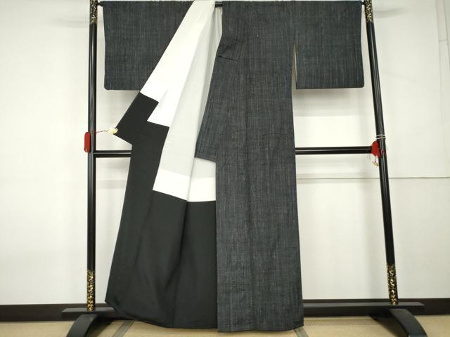平和屋着物●上質な紬　縞　黒地　正絹　逸品　AABK8574cs