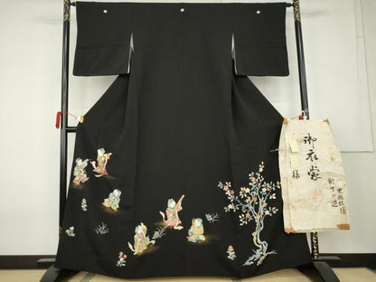 平和屋着物●染刺工芸　大羊居　東京友禅　黒留袖　樹下の遊　金糸　金彩　たとう紙付き　正絹　逸品　AABK8588cs