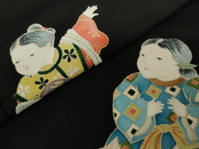 平和屋着物●染刺工芸　大羊居　東京友禅　黒留袖　樹下の遊　金糸　金彩　たとう紙付き　正絹　逸品　AABK8588cs