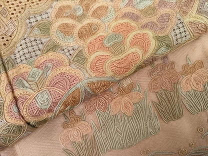 平和屋着物●中国三大刺繍　スワトウ刺繍　汕頭刺繍　相良刺繍　総刺繍　色留袖　色紙吉祥花文　ロング丈　正絹　逸品　AABK8592cs