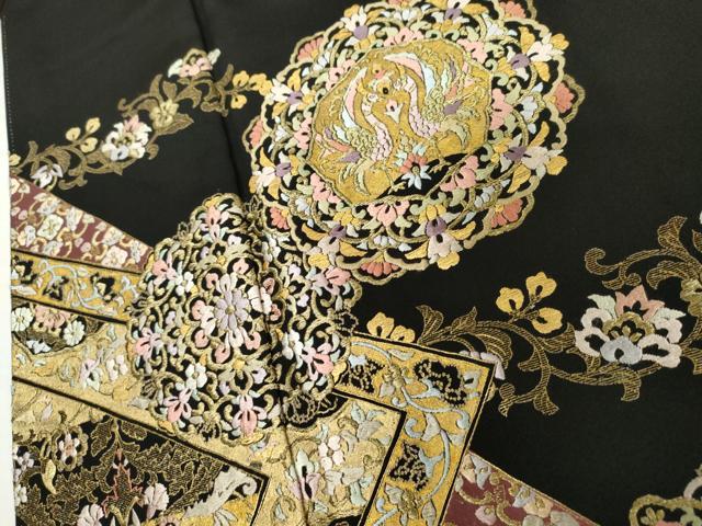 平和屋着物●豪華黒留袖　総刺繍　双鳥正倉院花文　金糸　正絹　逸品　AABK8597cs