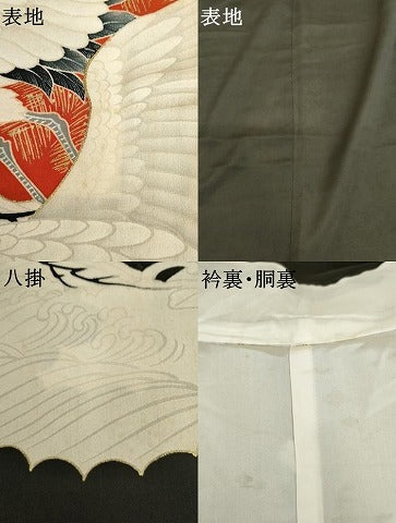 平和屋着物●アンティーク　大正ロマン　黒留袖　刺繍　飛鶴立波松文　金糸　金彩　正絹　逸品　AABK8599cs