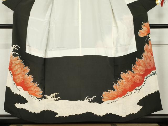 平和屋着物●アンティーク　大正ロマン　黒留袖　刺繍　飛鶴立波松文　金糸　金彩　正絹　逸品　AABK8599cs