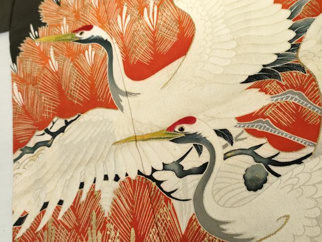 平和屋着物●アンティーク　大正ロマン　黒留袖　刺繍　飛鶴立波松文　金糸　金彩　正絹　逸品　AABK8599cs