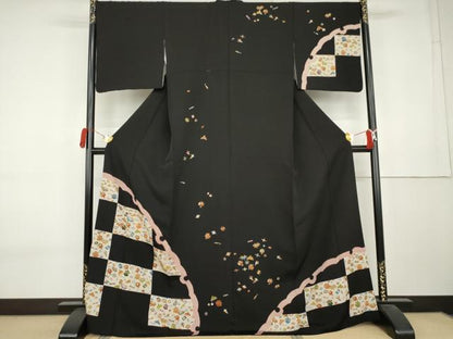 平和屋着物●訪問着　駒刺繍　雪輪宝尽くし　黒地　金彩　ロング丈　正絹　逸品　AABK8605cs