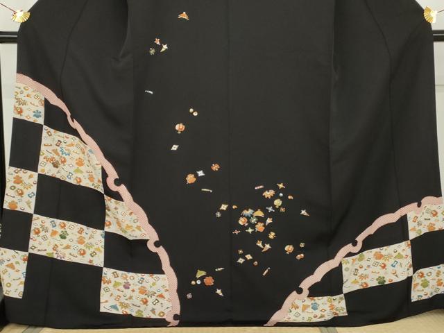 平和屋着物●訪問着　駒刺繍　雪輪宝尽くし　黒地　金彩　ロング丈　正絹　逸品　AABK8605cs