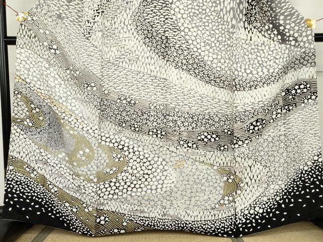 平和屋着物●中国三大刺繍　相良刺繍　訪問着　おぼろ染　重ね絞り　流水花文　銀通し地　正絹　逸品　AABK8606cs