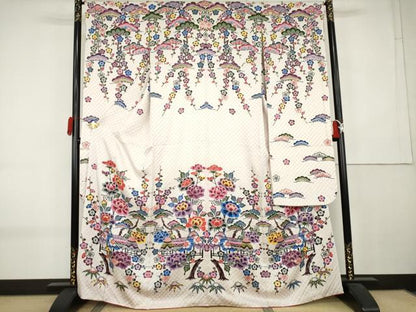平和屋着物●本場琉球紅型　振袖　松竹梅風景文　正絹　逸品　AABK8610cs