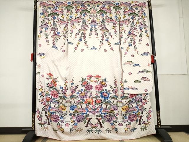 平和屋着物●本場琉球紅型　振袖　松竹梅風景文　正絹　逸品　AABK8610cs