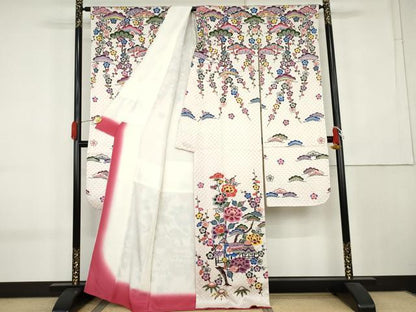 平和屋着物●本場琉球紅型　振袖　松竹梅風景文　正絹　逸品　AABK8610cs