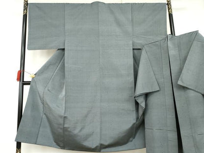 平和屋着物●男性　紬　アンサンブル　色無地　鉛色　正絹　逸品　AABK8611cs