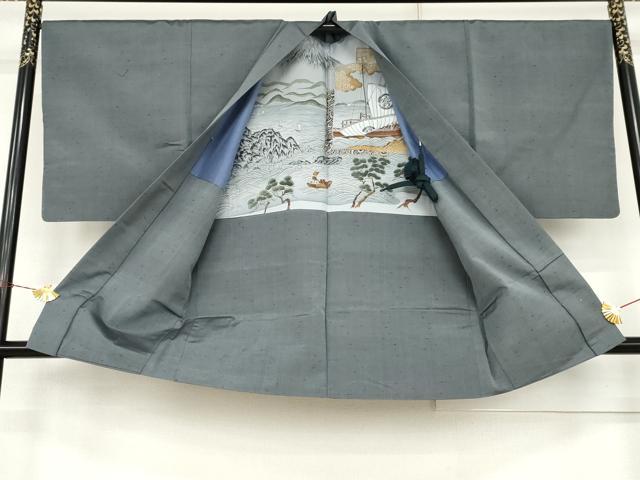 平和屋着物●男性　紬　アンサンブル　色無地　鉛色　正絹　逸品　AABK8611cs