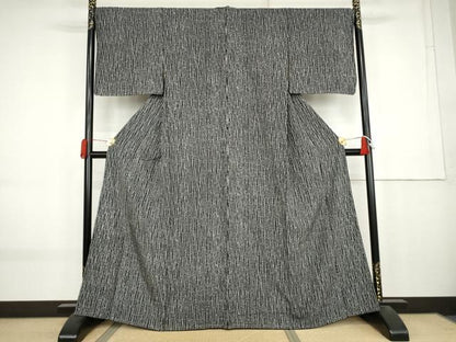 平和屋着物●上質な小紋　よろけ縞　黒地　正絹　逸品　未使用　AABK8616cs