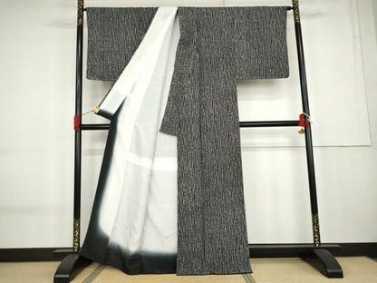 平和屋着物●上質な小紋　よろけ縞　黒地　正絹　逸品　未使用　AABK8616cs
