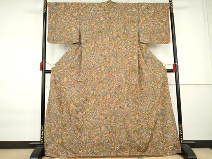 平和屋着物●上質な小紋　更紗花文　鬼しぼ縮緬　ロング丈　正絹　逸品　未使用　AABK8623cs