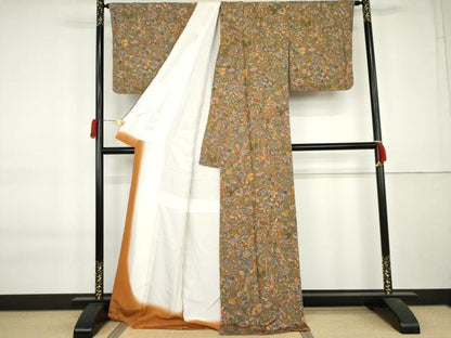 平和屋着物●上質な小紋　更紗花文　鬼しぼ縮緬　ロング丈　正絹　逸品　未使用　AABK8623cs