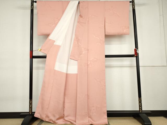 平和屋着物●上質な色無地　笹竹地紋　珊瑚色　正絹　逸品　AABK8626cs