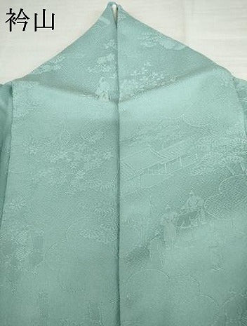 平和屋着物●上質な色無地　人物風景地紋　白群色　さが美扱い　正絹　逸品　AABK8627cs