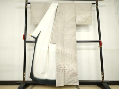 平和屋着物●訪問着　紬地　草花文　正絹　逸品　AABK8632cs