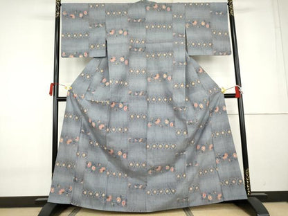 平和屋着物●小千谷紬　更紗花横段文　正絹　逸品　AABK8633cs