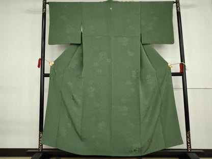 平和屋着物●上質な色無地　流水花地紋　木賊色　正絹　逸品　AABK8648cs