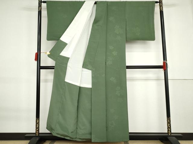 平和屋着物●上質な色無地　流水花地紋　木賊色　正絹　逸品　AABK8648cs
