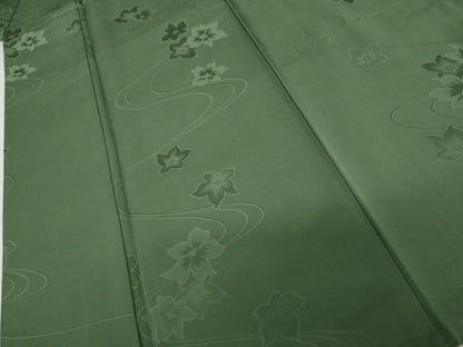 平和屋着物●上質な色無地　流水花地紋　木賊色　正絹　逸品　AABK8648cs