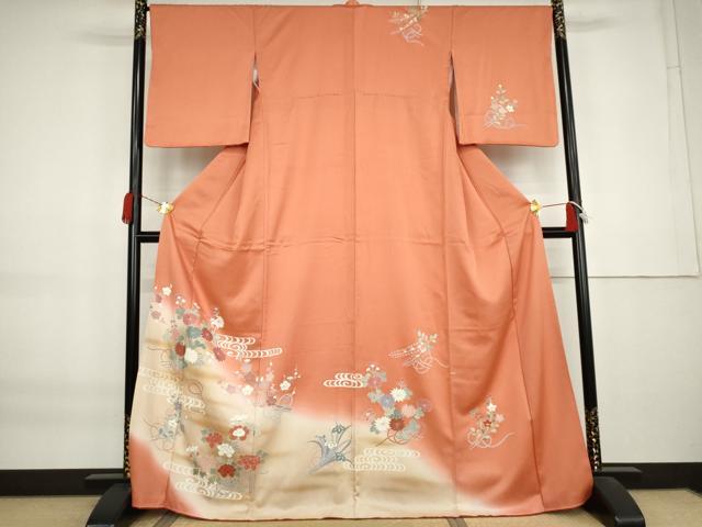 平和屋着物●訪問着　刺繍　流水枝花文　暈し染め　金彩　正絹　逸品　AABK8656cs
