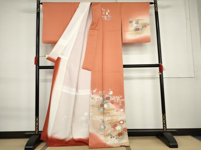 平和屋着物●訪問着　刺繍　流水枝花文　暈し染め　金彩　正絹　逸品　AABK8656cs