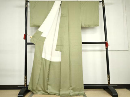平和屋着物●上質な色無地　霞地紋　苗色　正絹　逸品　AABK8677cs