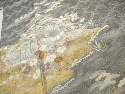 平和屋着物●訪問着　駒刺繍　浜松風景文　金彩　正絹　逸品　AABK8680cs