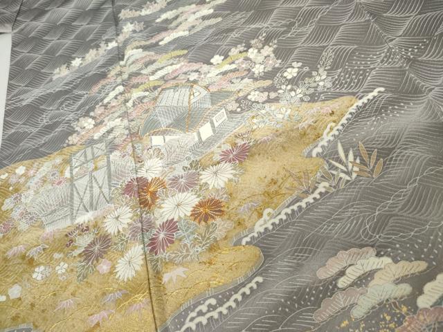 平和屋着物●訪問着　駒刺繍　浜松風景文　金彩　正絹　逸品　AABK8680cs