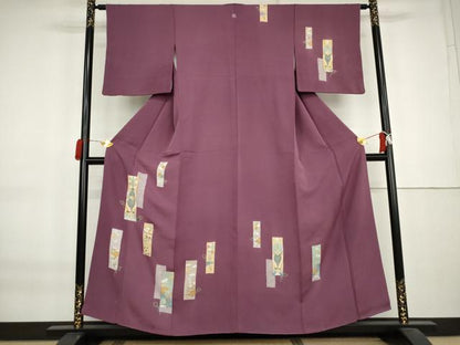 平和屋着物●訪問着　駒刺繍　短冊草花文　金彩　正絹　逸品　AABK8682cs