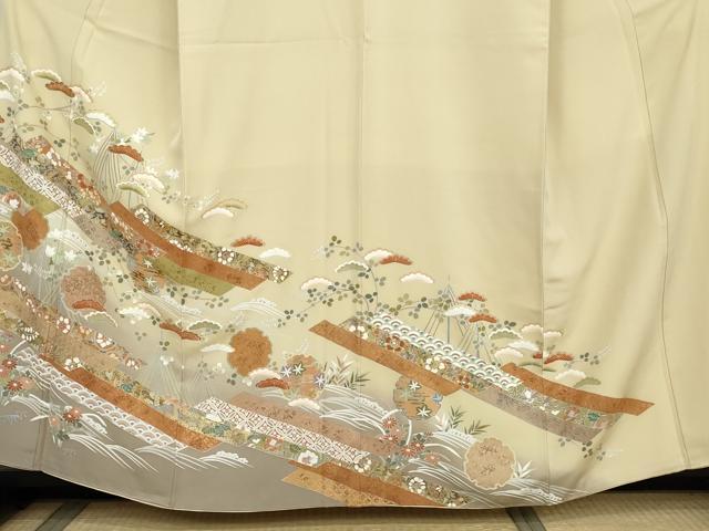 平和屋着物●豪華色留袖　駒刺繍　雪輪吉祥松文　暈し染め　金彩　正絹　逸品　AABK8684cs
